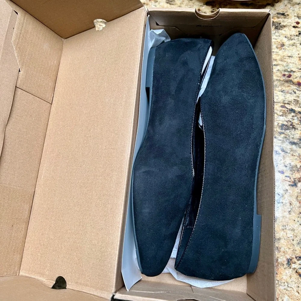 Coutgo Womens Ballet Flats Black Square Toe Faux Suede Slip On Shoes Size 10
